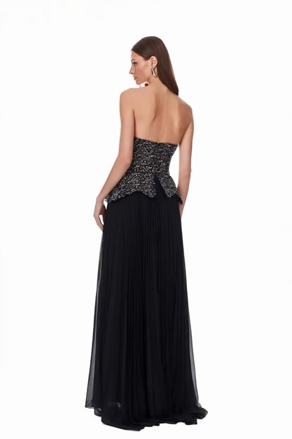 Siyah Gümüş Payetli Peplum Detaylı Abiye Elbise